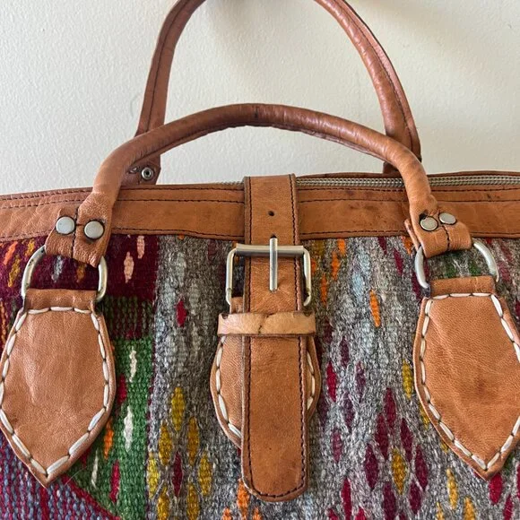 Moroccan Leather Kilim Weekender Bag – Handmade Travel Duffel - Picture 5 of 7